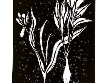 flor de azafrán de otoño - impresión en bloque de linóleo - arte mural de 9"x12"