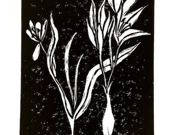 autumn crocus flower - linoleum block print - 9"x12" wall art