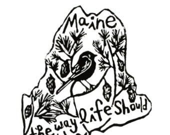 Maine state linoleum block print with text + state bird and flower - 9"x12" wall art