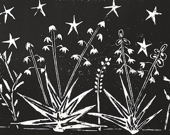 desert flowers - linoleum block print - 11”x14” wall art