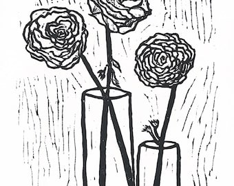 ranunculus flowers - linoleum block print - 11”x14” wall art