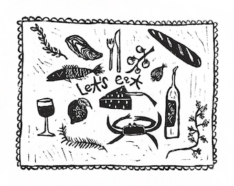 let's eat - linoleum block print - 11"x14" wall art