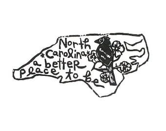 North Carolina state linoleum block print with text + state bird and flower - 9"x12" wall art