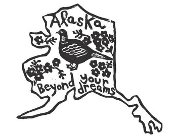 Alaska state linoleum block print with text + state bird and flower - 9"x12" wall art