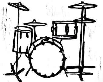 drum kit - linoleum block print - 11" x 14" wall art