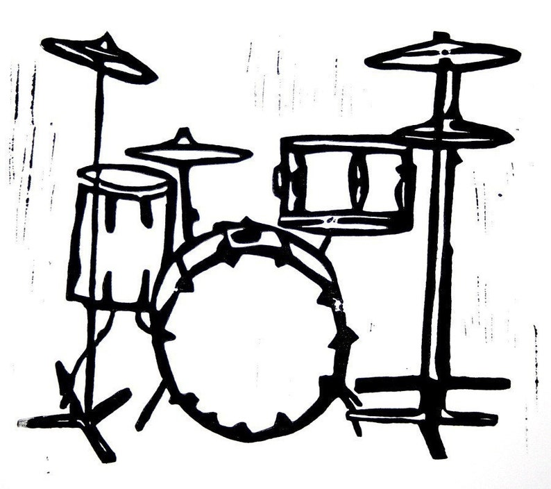 drum kit linoleum block print 11 x 14 wall art image 1