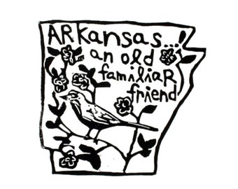 Arkansas state linoleum block print with text + state bird and flower - 9"x12" wall art
