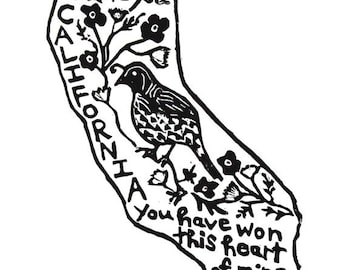 California state linoleum block print with text + state bird and flower - 9"x12" wall art