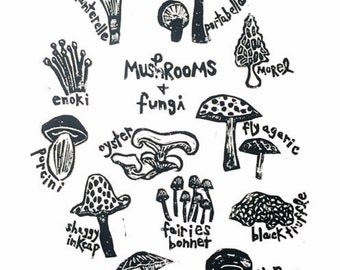 mushroom + fungi - linoleum block print - 11”x14” wall art