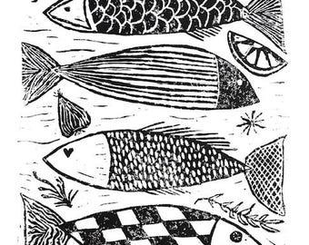 fish - linoleum block print - 11"x14" wall art