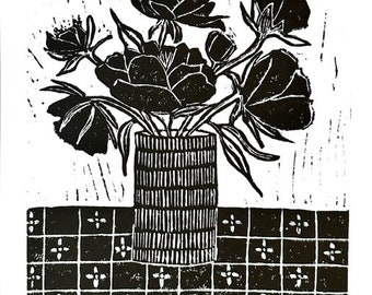 peonies in vase - linoleum block print - 11"x14" wall art