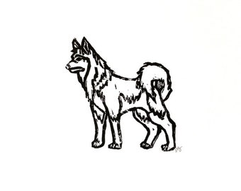 husky - dog breed - linoleum block print - 9"x12" wall art