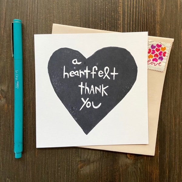 a heartfelt thank you - notecard - hand printed - blank inside