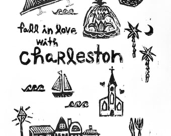 fall in love with Charleston - linoleum block print - 9"x12" wall art