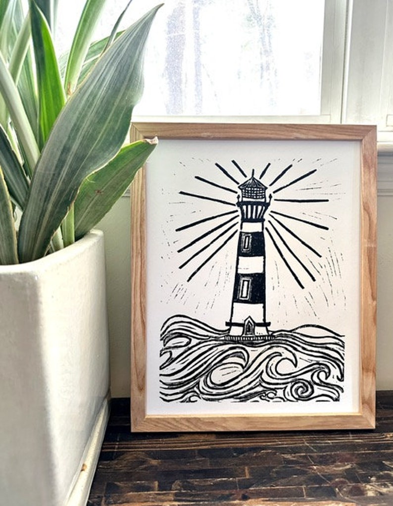 lighthouse linoleum block print 11x14 wall art imagem 2