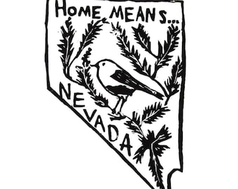 Nevada state linoleum block print with text + state bird and flower - 9"x12" wall art