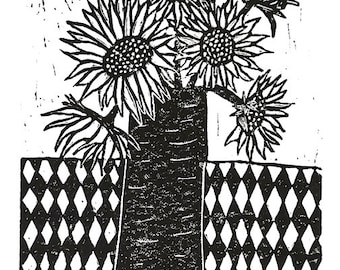 sunflowers in vase - linoleum block print - 11"x14" wall art