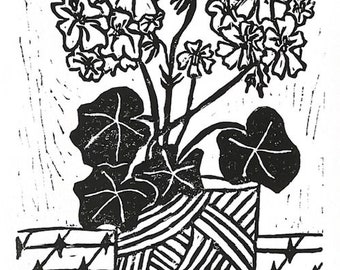 geraniums - linoleum block print - 11"x14" wall art