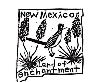 New Mexico state linoleum block print with text + state bird and flower - 9"x12" wall art