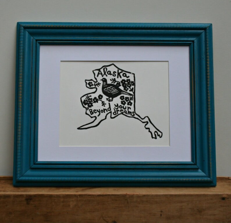 Alaska State Linoleum Block Print With Text + State Bird and Flower - 9 ...