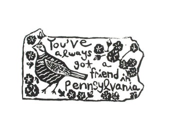 Pennsylvania state linoleum block print with text + state bird and flower - 9"x12" wall art