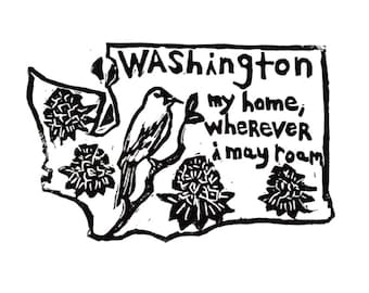 Washington state linoleum block print with text + state bird and flower - 9"x 12" wall art