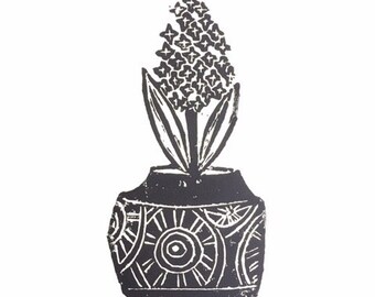 hyacinth in pot - linoleum block print - 9”x12” wall art