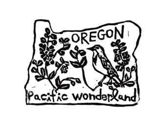 Oregon state linoleum block print with text + state bird and flower - 9"x12" wall art