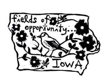 Iowa state linoleum block print with text + state bird and flower - 9"x12" wall art