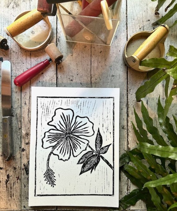 Hibiscus Flower - Linoleum Block Print - 9