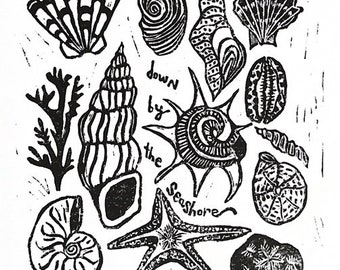seashells - linoleum block print - 11"x14" wall art
