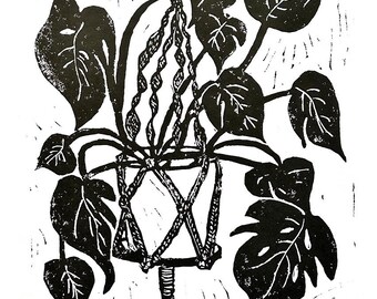 large hanging plant - linoleum block print - 11"x14" wall art