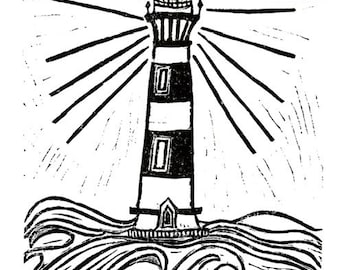 lighthouse - linoleum block print - 11"x14" wall art