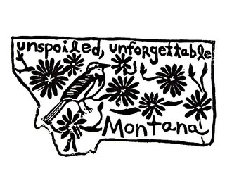 Montana state linoleum block print with text + state bird and flower - 9"x12" wall art