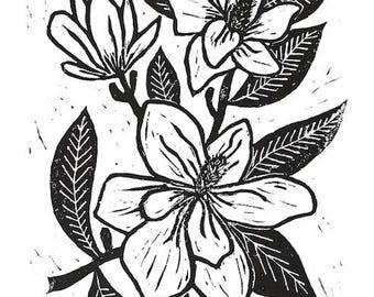 magnolias - linoleum block print - 11"x14" wall art