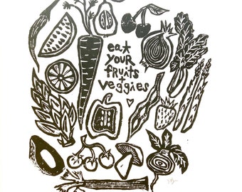 eat your fruit + veggies - linoleum block print - 11”x14”  wall art