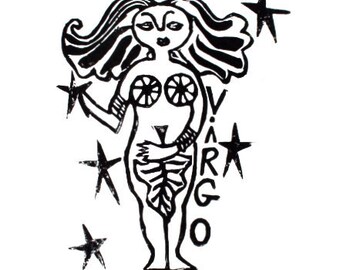 virgo - zodiac sign - linoleum block print - 9"x12" wall art