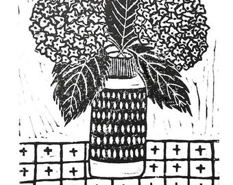hydrangeas - linoleum block print - 11"x14" wall art