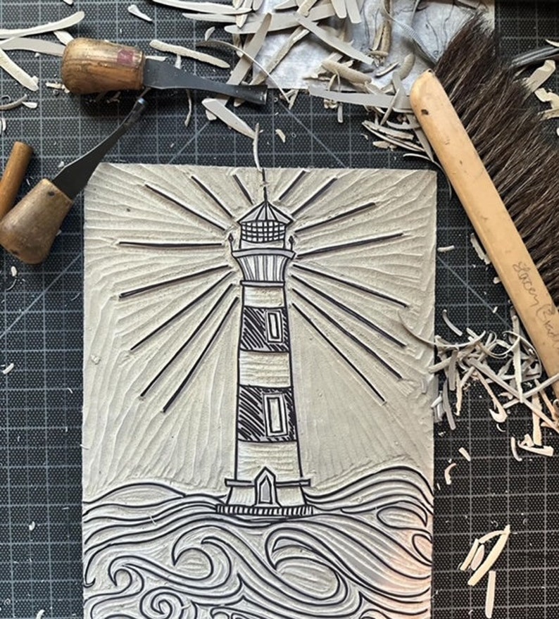 lighthouse linoleum block print 11x14 wall art imagem 4