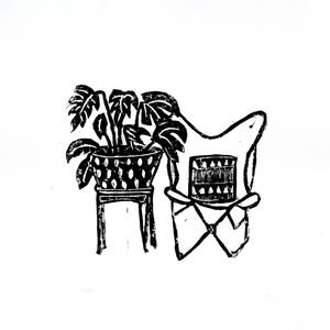 butterfly chair + house plant - linoleum block print - 9&quot;x12&quot; wall art