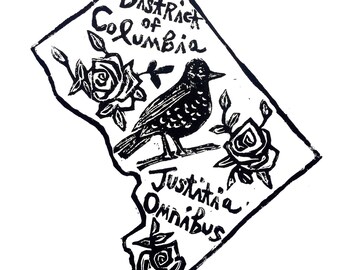 Washington DC - linoleum block print with text + “state bird and flower” 9”x12” wall art