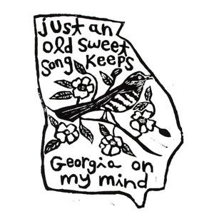 Georgia state linoleum print with text + state bird and flower - 9&quot;x12&quot; wall art