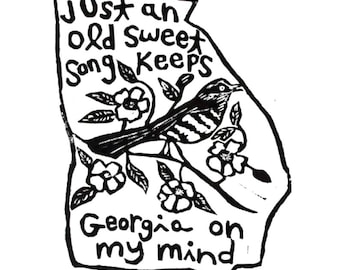 Georgia state linoleum print with text + state bird and flower - 9"x12" wall art