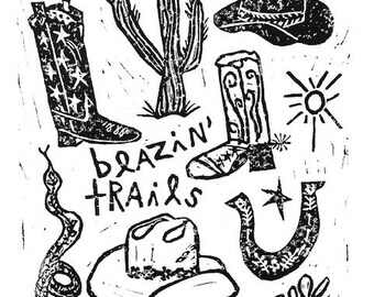 blazin' trails - Linoleum block print - 11"x14" wall art
