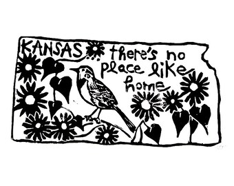 Kansas state linoleum block print with text + state bird and flower - 9"x12 wall art