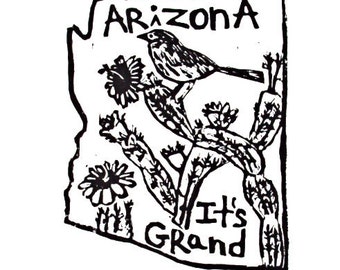 Arizona state  linoleum block print with text + state bird and flower - 9"x12" wall art