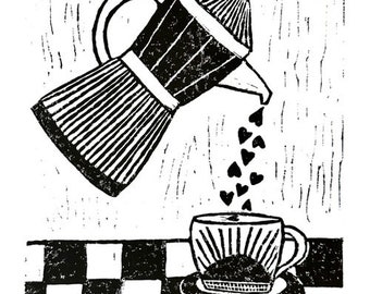 coffee or tea pouring hearts - linoleum block print - 11"x14" wall art