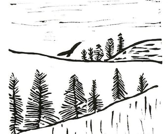 winter landscape - linoleum block print - 9" x 12" wall art