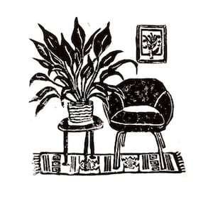 mod chair + plant - linoleum block print - 9"x12" wall art