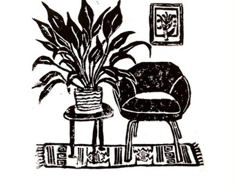 mod chair + plant - linoleum block print - 9"x12" wall art